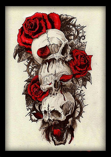 Skull And Roses Tatoo Design Red And Black