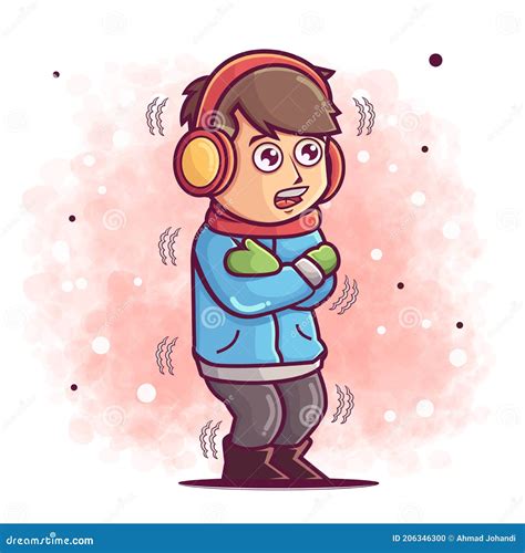 Hand Drawn Of Cute Boy Cartoon Is Cold Vector Illustration Stock Vector