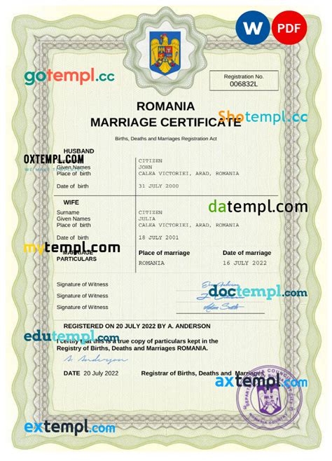 Romania Marriage Certificate Word And Pdf Template Completely Editable