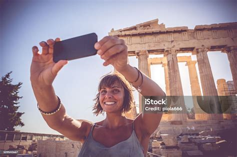 Woman Taking A Selfie In Front Of Parthenon Stock Photo Download