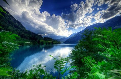 Puffy Clouds Over Mountains And Lake Hd Wallpaper Background Image