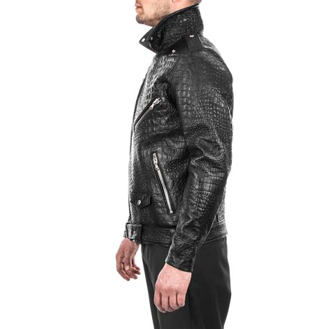 italian handmade men black crocodile embossed on goatskin leather biker jacket slim fit xxs to 3xl