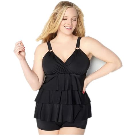 2018 Plus Size Ruffle Swimwear Dress Black Tankini Two Piece Swimsuit