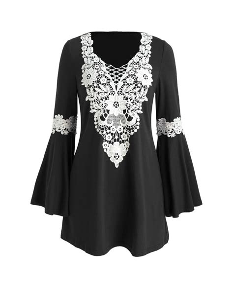 Crochet Front Flare Sleeve Short Dress Black 3p80036417 Size S