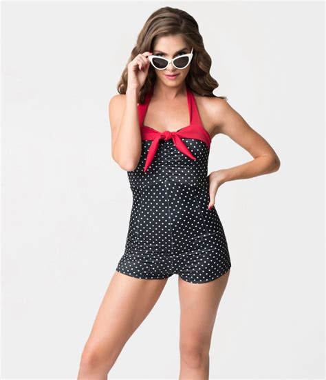 Vintage Style Black And White Polka Dot Pin Up Romper Swimsuit Vintage