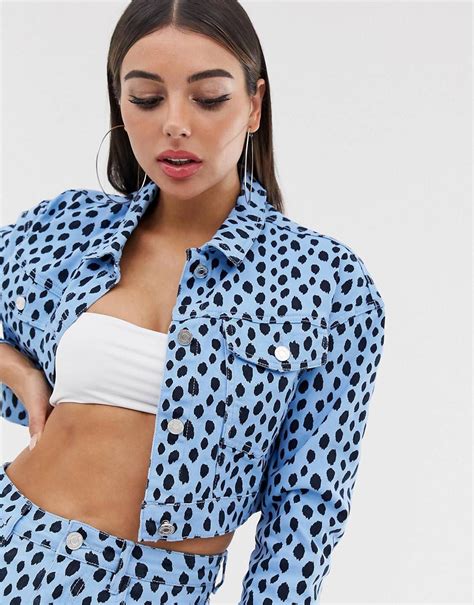 Missguided Two Piece Cropped Denim Jacket In Blue Dalmatian Spot Asos
