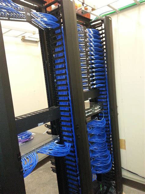 This 24 port universal 568a/b category 6 rack mount patch panel takes up a single rack space (1u). Clean patch panel closet install. Blue Ethernet cables and ...