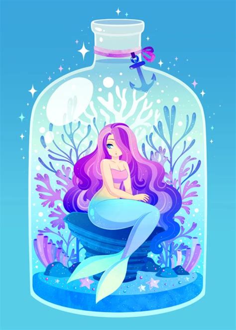 A Mermaid Sitting On Top Of A Bottle Filled With Water And Seaweed