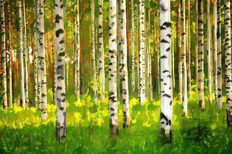 Birch Forest Oil Painting Wall Mural And Photo Wallpaper