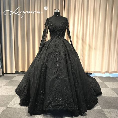 2018 Vintage Black Wedding Dress Long Train Ball Gown Full Sleeves