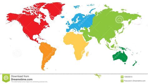 World Map Divided Into Six Continents Each Continent In