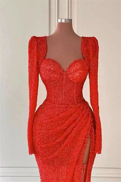 Daisda Red Long Sleeves Sweetheart Sequins Mermaid Evening Dress With Split