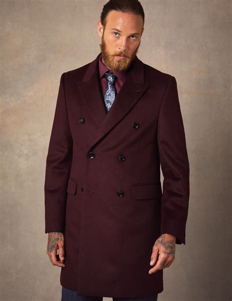 Mens Double Breasted Burgundy Wool Cashmere Overcoat Hawes And Curtis