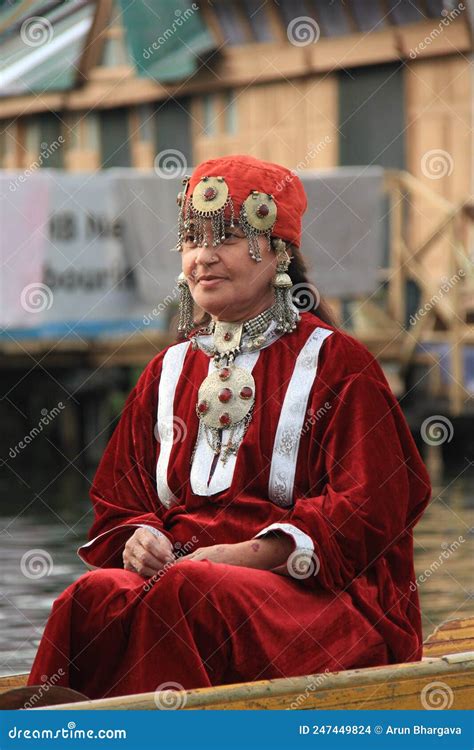 Kashmiri Woman In Traditional Red Dress And Ornaments Stock Photo