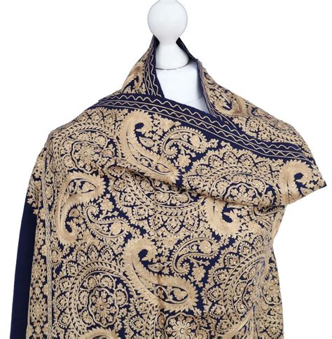 Navy And Gold Paisley Indian Embroidered Shawl Stole 100 Wool Pashmina