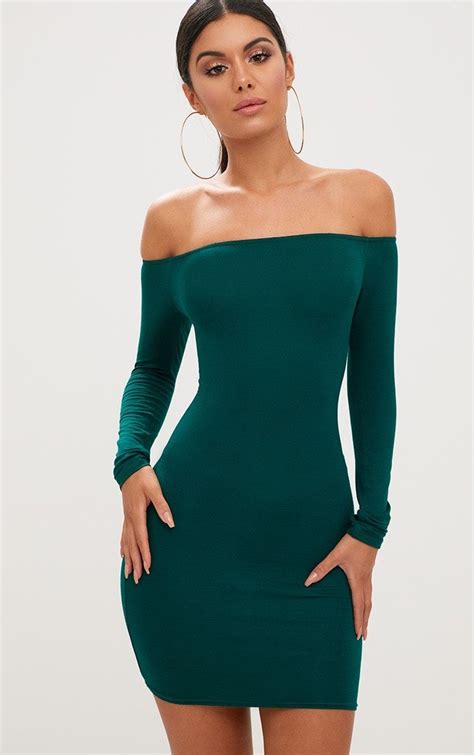 Basic Emerald Green Bardot Bodycon Dress Green Bodycon Dress Bodycon Dress Green Cocktail Dress