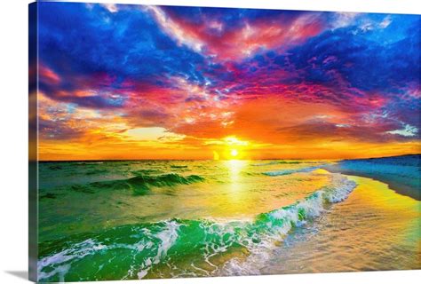 Purple Red Sunset And Beautiful Ocean Sunset Beach Wall