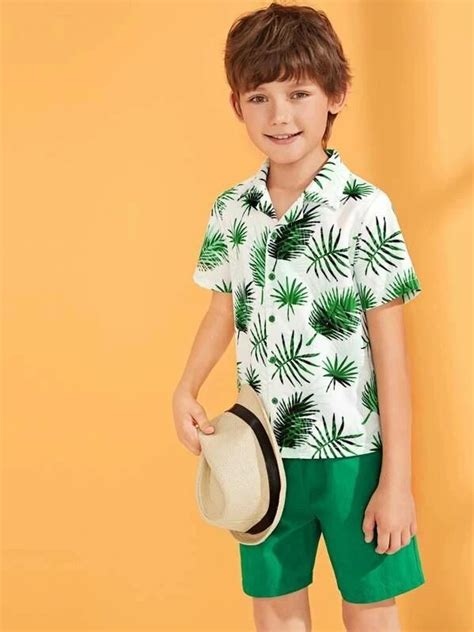 Boys Tropical Button Blouse And Drawstring Waist Shorts Set In 2021