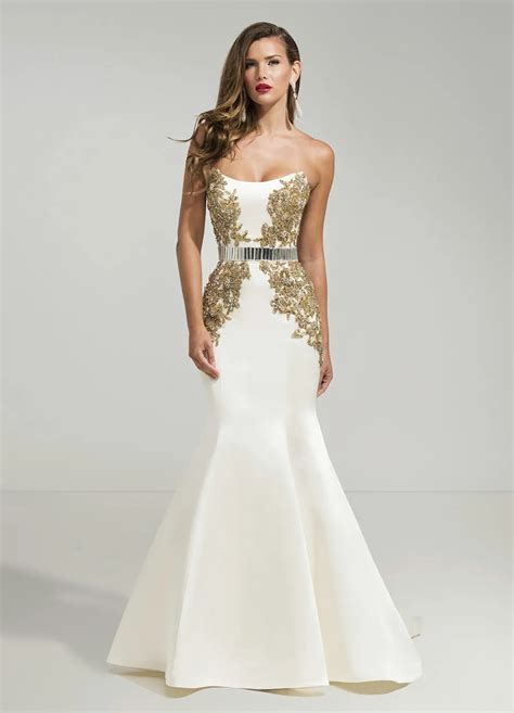 Hot Selling Long White Gold Prom Dress MP Vestidos Elegant Rhinestone Crystal Sequin