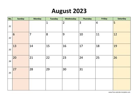August 2023 Calendar Printable With Coloring On Weekend Horizontal