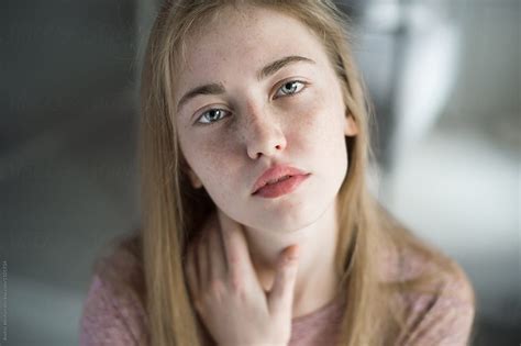 Portrait Of A Beautiful Cute Girl With Freckles By Andrei Aleshyn