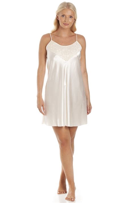 Camille Womens Cream Short Thin Strap Satin Chemise Camille From