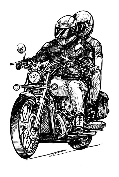 Dessin Du Couple Moto Rider Main Dessiner Vecteur Premium