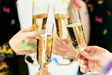 Celebration Hands Holding The Glasses Of Champagne And Wine Making A Toast Stock Image Image