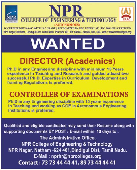 NPR College Of Engineering Technology Wanted Director And Controller