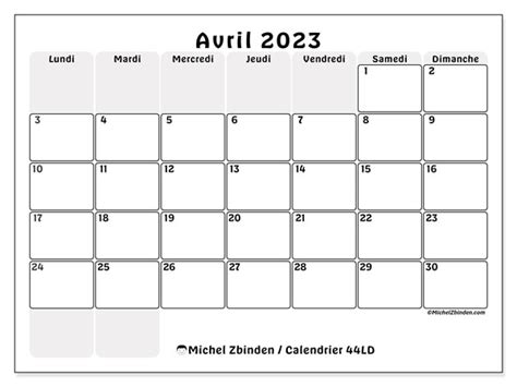 Calendrier Avril 2023 à Imprimer “44ld” Michel Zbinden Be