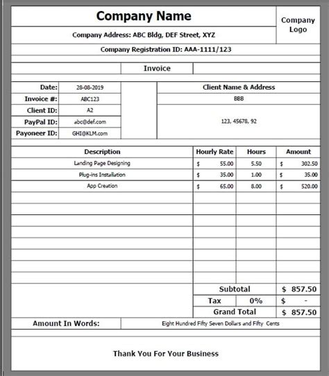 Free Hourly Invoice Template Pdf Word Eforms Editable Hourly Invoice