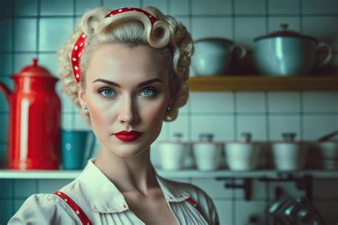 Premium Ai Image 50s Style Beautiful Blonde Housewife Cooking At The