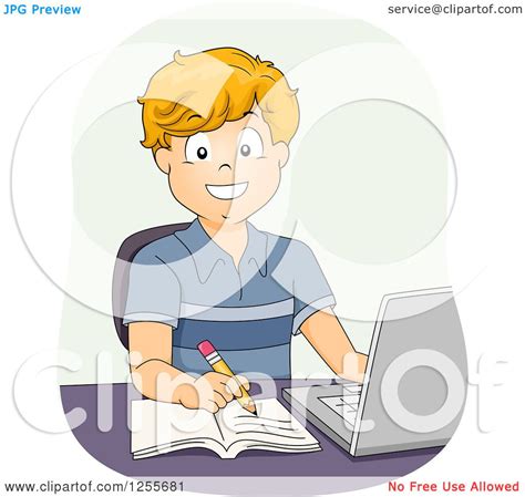 Clipart Of A Happy White School Boy Taking Notes And Studying On A