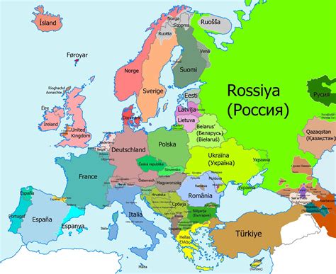 Map of Europe with countries labelled in native languages ...