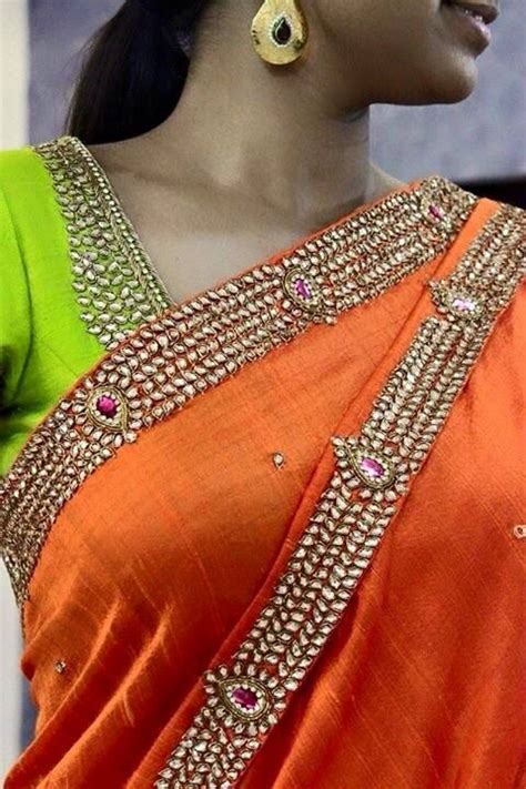 Kundan Embroidery In Raw Silk Saree And Contrast Blouse Blouse Models