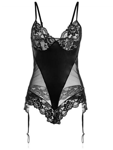 Limited Offer Plus Size Lace Panel Sheer Lingerie Teddy In Black