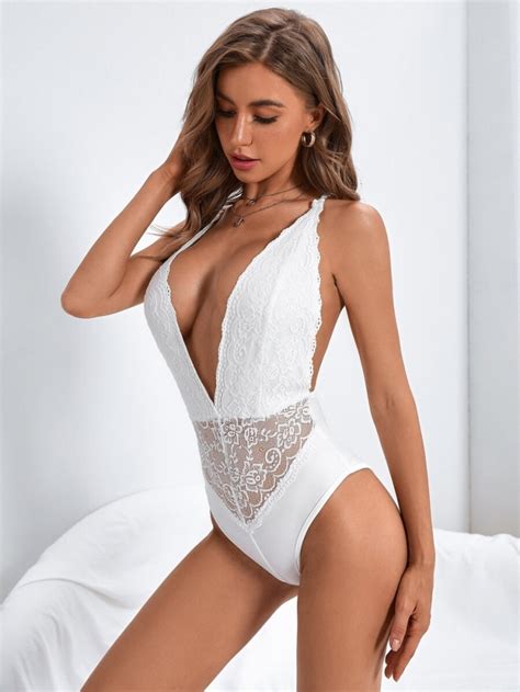 Дамско боди Plunging Neck Lace Panel Backless Bodysuit Emma