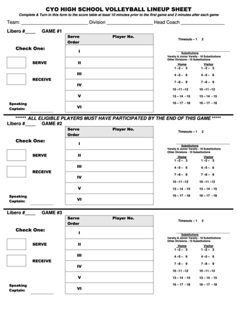 Cyo High School Volleyball Lineup Sheet Printable Pdf Download