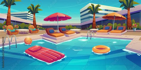 Luxury Resort Hotel And Swimming Pool Vector Cartoon Illustration Of