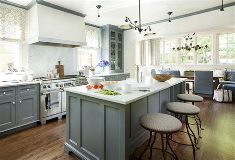 Be sure to pair your cool gray with crisp white trim color to balance your kitchen color palette. Blue Gray Cabinets - Transitional - Kitchen - Westbrook ...