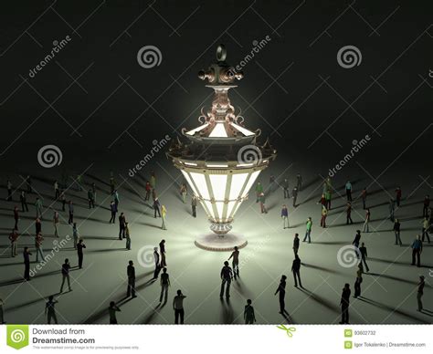 A Group Of Tiny People Walking Towards A Vintage Light