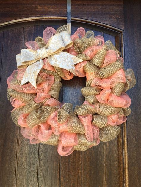 Coral And Burlap Spring Deco Mesh Wreath Listing