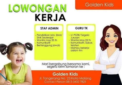 Jangan sampai anda ketinggalan informasi lowongan kerja medan terbaru, masukkan email anda lalu periksa email anda dan mencari/merekrut calon nasabah pra/cukup sejahtera di daerah pedesaan sumatera utara. Lowongan Kerja Guru TK Golden Kids Malang - Gibran Waluyo di Malang Kota, 11 Feb 2020 - Loker ...