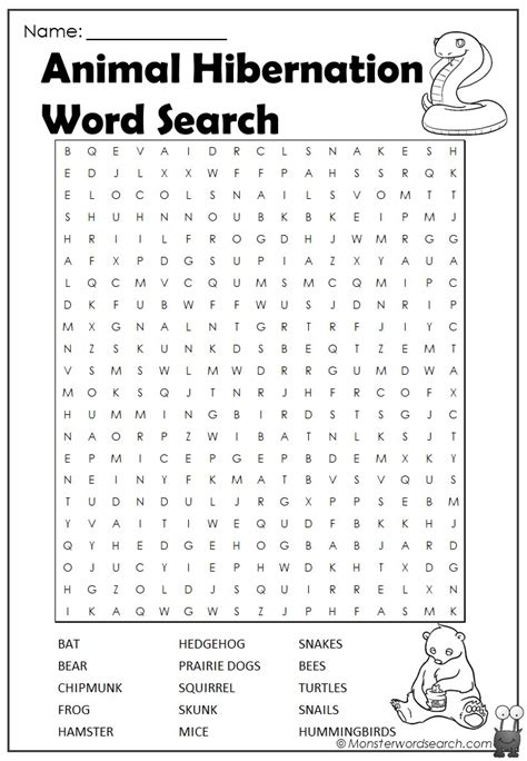 Animal Hibernation Word Search Monster Word Search