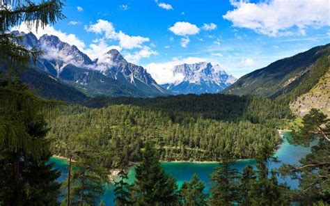 Nature Landscape Alps Mountain Forest Lake Turquoise Water Clouds Summer Trees