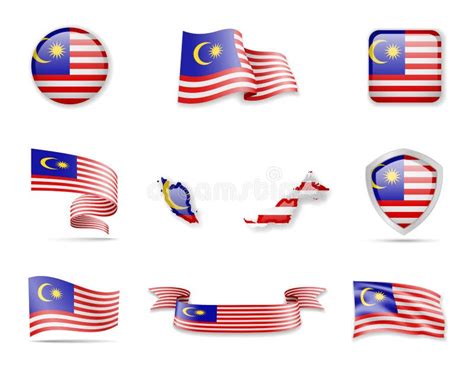 Malaysia Flags Collection Vector Illustration Set Flags And Outline Of