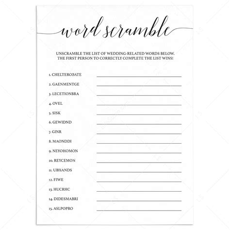 Word Scramble Game For Virtual Bridal Shower Instant Download
