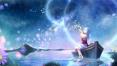 Anime Girls Planet Water Flowers Original Characters