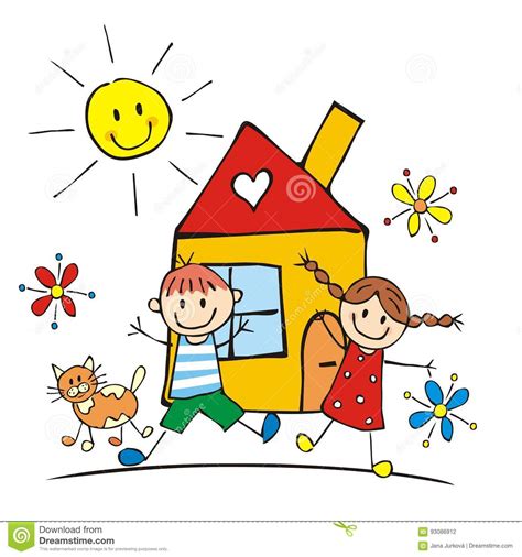 Las casitas de juguete permiten que niños y niñas establezcan sus propios roles emulando su entorno y reproduzcan e. Happy Kids And House, Vector Illustration Stock Vector ...