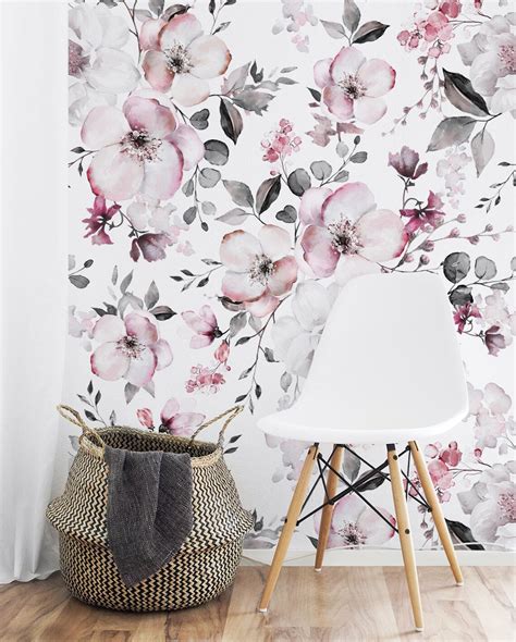 Peel And Stick Wallpaper Floral Wallpaper Pink And White Etsy